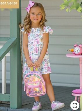 Girls' Pink School Backpack Print Flutter-Sleeve Dress